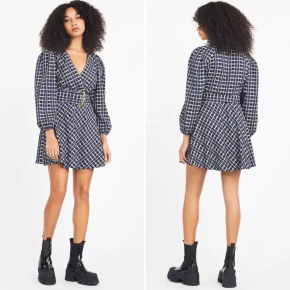 TANYA TAYLOR Nicola Mini Dress Navy White Check Puff Sleeve Fit & Flare Belt NEW - Picture 4 of 9
